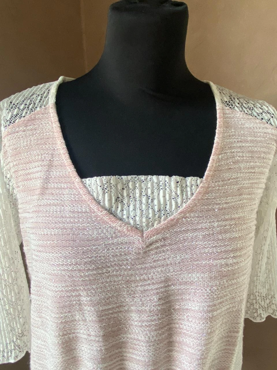 Blusa de doble tejido rosa pálido & blanco BRÉAL T38 – Encaje – photo 2